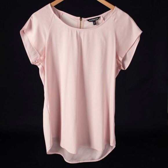 EXPRESS Blouse Silky Raglan Short Sleeve Round Neck Pastel Pink - Picture 3 of 9